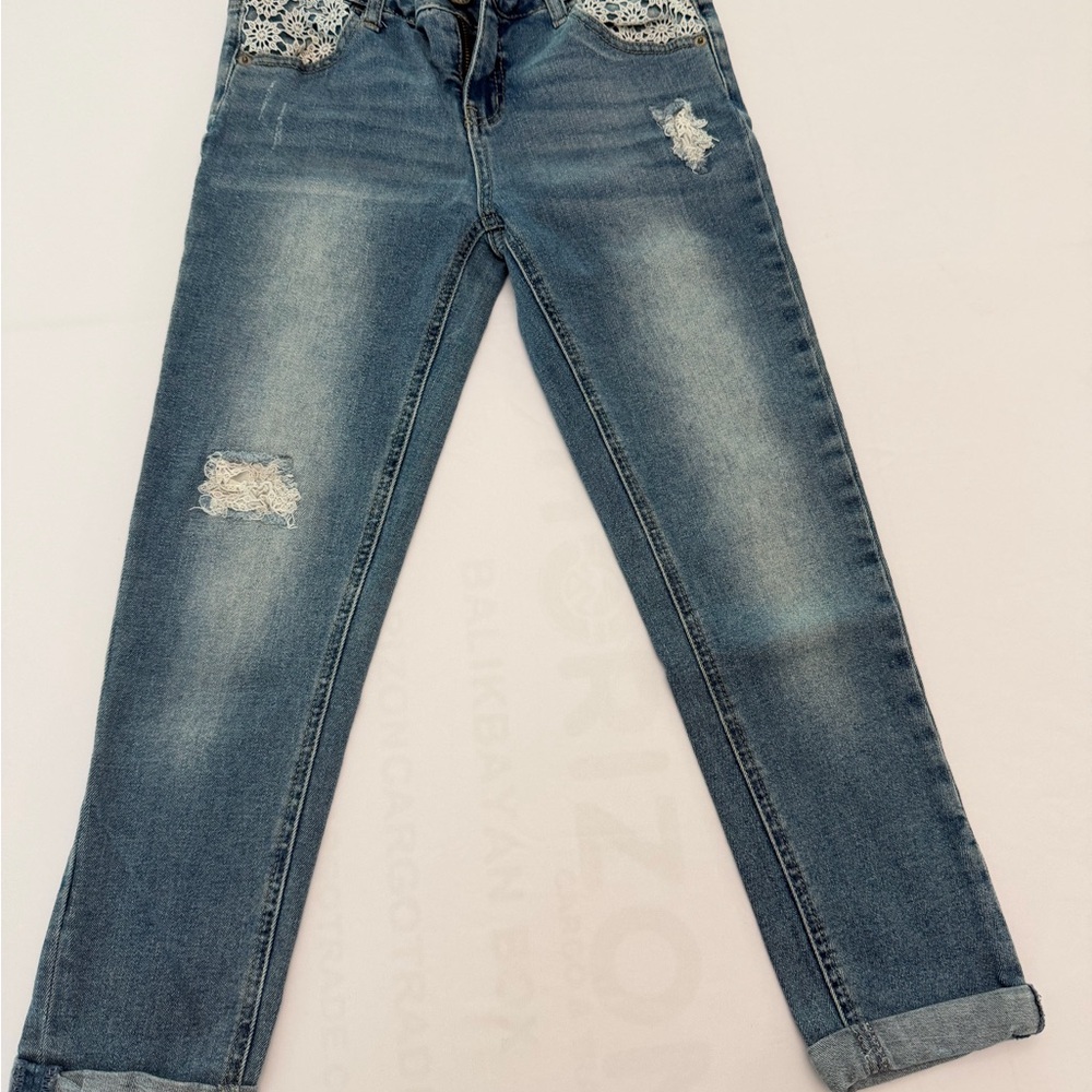 Justice Blue Straight Leg Jeans with Distressed Accents